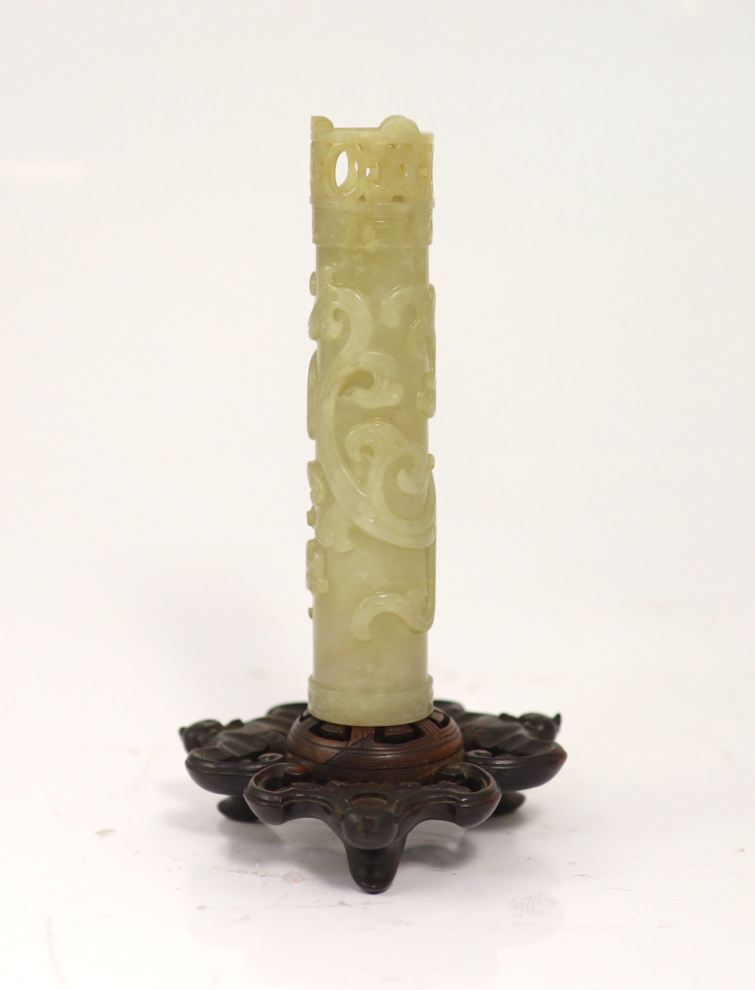 A Chinese celadon jade 'phoenix' cylindrical incense holder, 18th/19th century, 16.7cm high, adapted wood stand